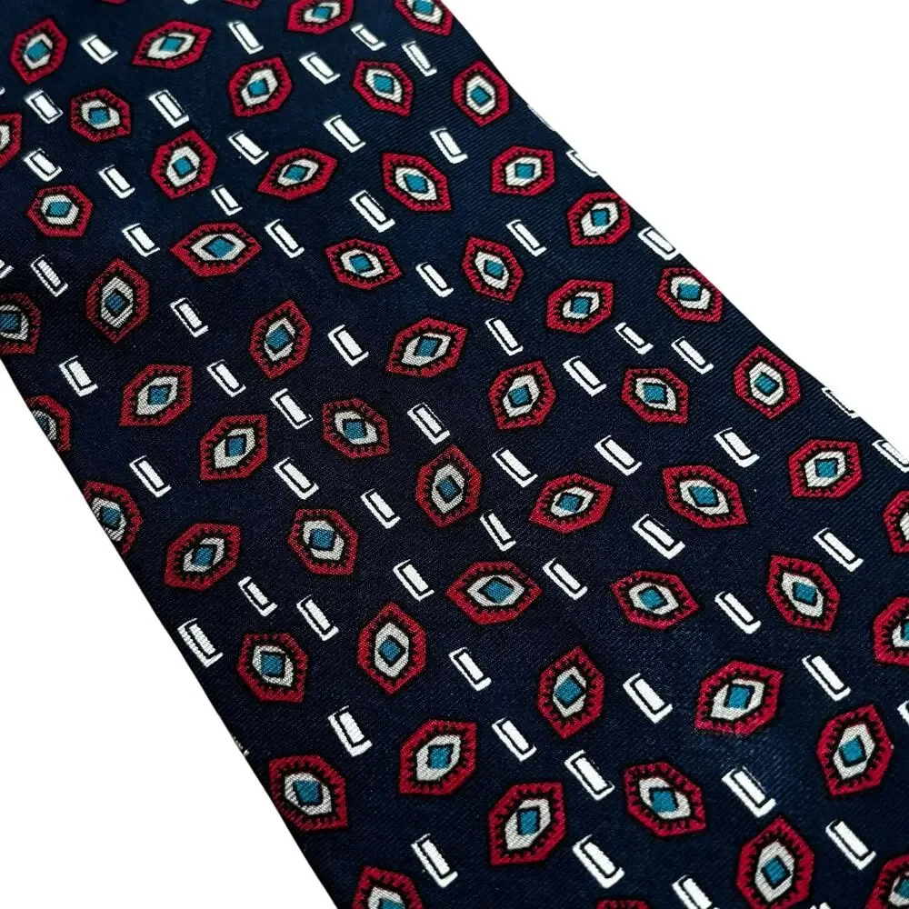 Oscar de la Renta all silk men's neck tie navy blue & red geometric pattern